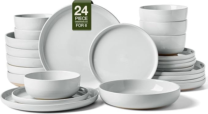 Famiware Milkyway Stoneware Dinnerware Sets with Pasta Bowls, Service for 6 (24 Pieces), Plates and Bowls Sets -Scratch Resistant, Microwave and Dishwasher Safe Dishes Set, Light Gray