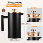 Black French Press Stainless Steel 34oz, Double Wall Insulated Coffee Press 1L for travel camping with 2 Extra Filter Screens and 1 Coffee Spoon（8cup 1000ml）