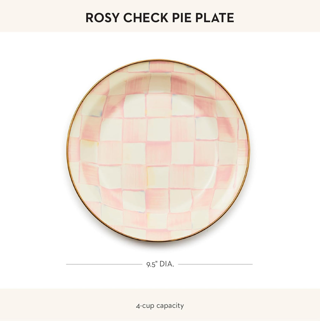 MACKENZIE-CHILDS Enamel Pie Plate, Ovenproof Pie Pan for Cooking and Serving, Pink-and-White Rosy Check