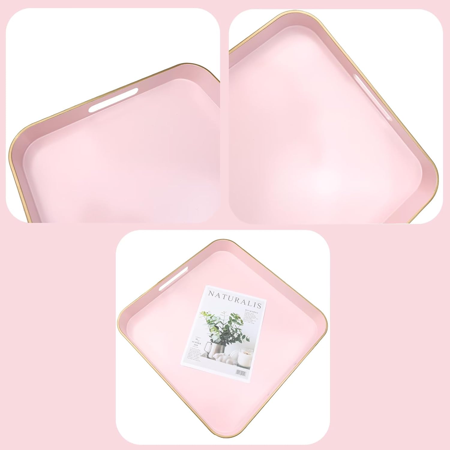Pink Square Decorative Tray with Handles, 13"*13" Versatile Serving Tray for Coffee Table, Ottoman, Ideal for Serving, Displaying, Organizing