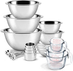 Eatex Mixing Bowls with Measuring Cups & Measuring Spoons 17 Piece Set - Nesting Stainless Steel Mixing Bowls Set for Kitchen, Measuring Spoons & Glass Liquid Measuring Cups, Dishwasher Safe Meal Prep