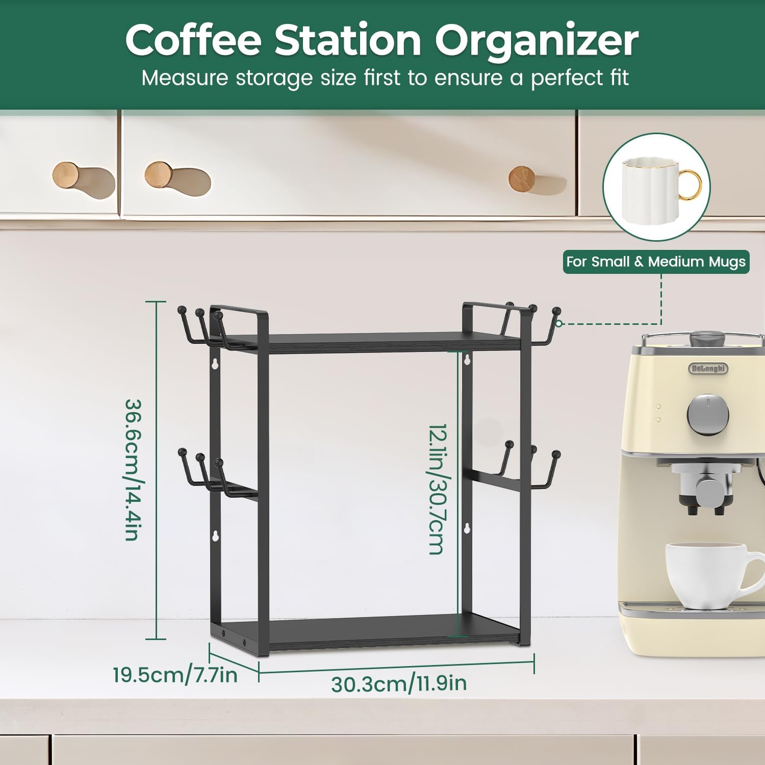 EsLuker.ly 2 Tier Coffee Mug Holder Station Bar Organizer Countertop, Mug Cup Tree Rack for Kitchen Office, Storage Shelf with 12 Hooks, Creat Stylish Coffee Corner, Black