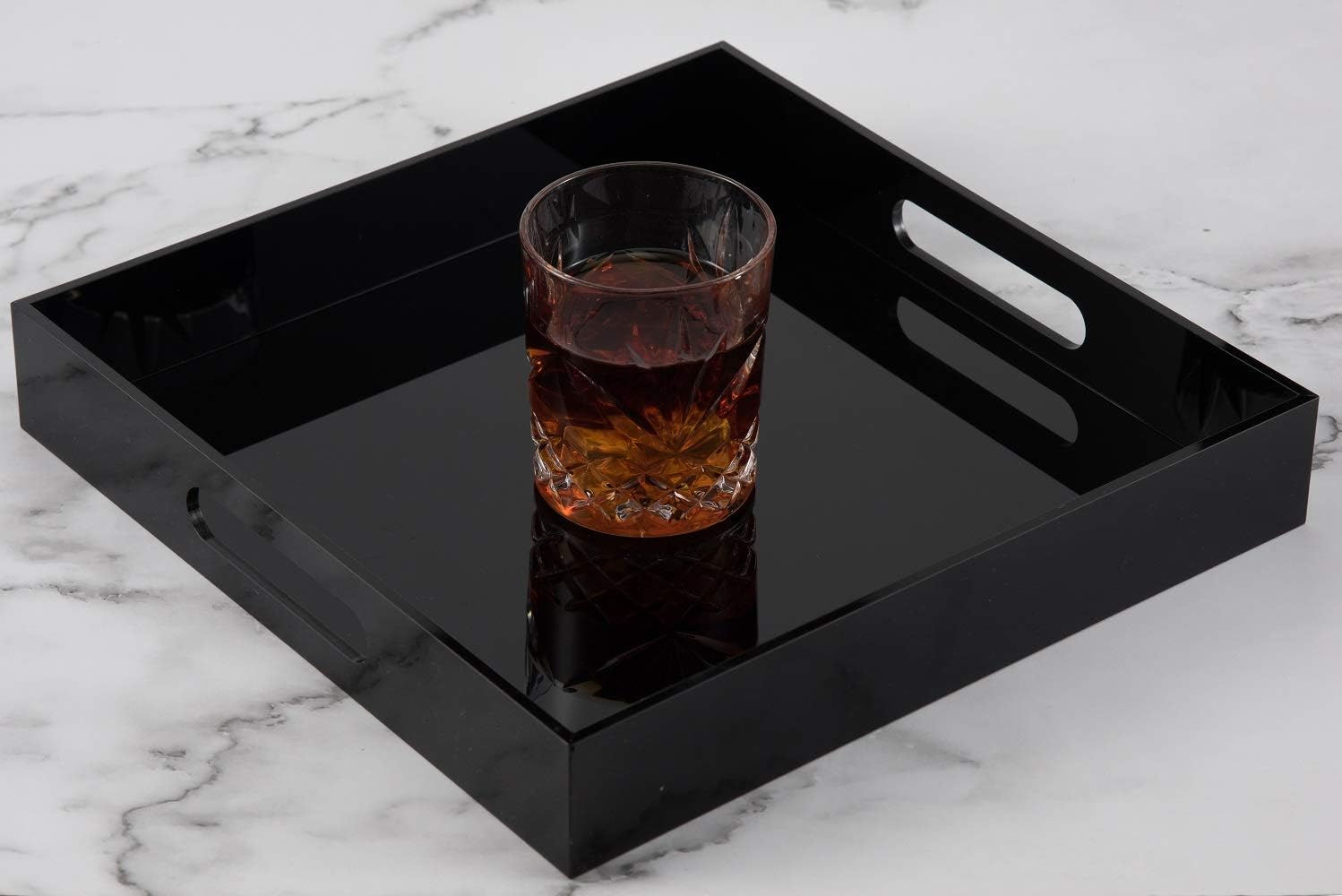 Glossy Black Sturdy Acrylic Serving Tray with Handles - 12x12 Inch Multipurpose Tray for Coffee, Appetizers, Breakfast, and More
