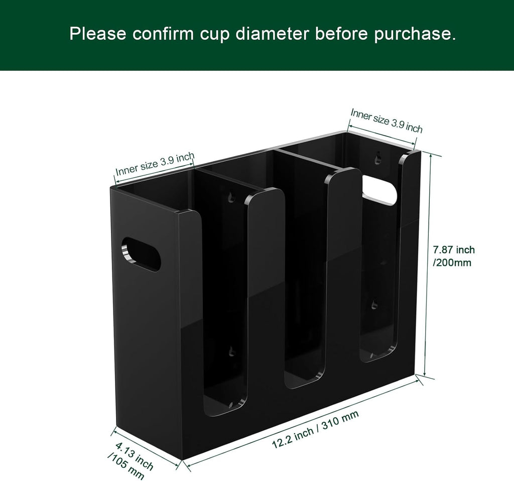 Disposable Coffee Cup Dispenser with Handles, Countertop or Wall Mount Hot/Cold Drink Cup and Lid Holder - Bathroom/Kitchen/Office Acrylic Cup Lid Storage Organizer (3 Compartments, Black)