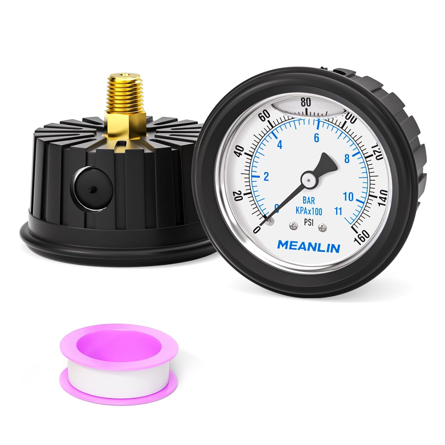 MEANLIN MEASURE 0~160Psi Stainless Steel Liquid Filled Pressure Gauge 1/4" NPT 2.5" FACE DIAL with Rubber Protective Sleeve, Center Back Mount