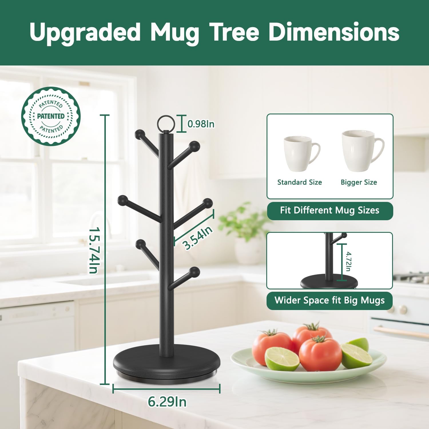 EsLuker.ly Mug Holder Tree Bamboo 360° Rotating Coffee Cup Display Rack with 6 Hooks for Home Kitchen Counter, Upgrade Wood Mug Stand Station Organizer, Building Your Dream Coffee Corner, Black
