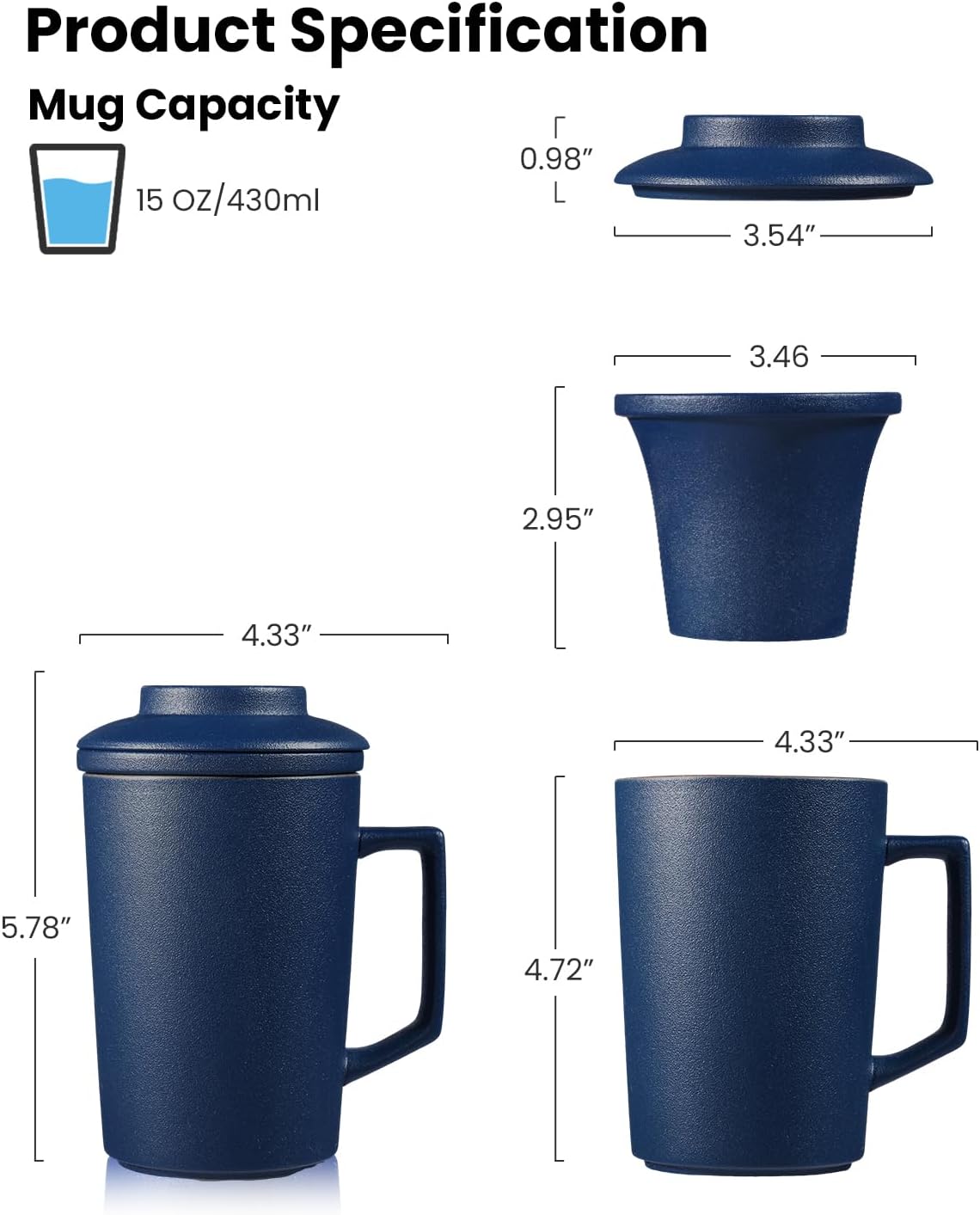 15 OZ Porcelain Tea Infuser Cup with Lid,Ceramic Tea Mug with All-Porcelain Strainers for Loose Leaf Teas,Microwave and Dishwasher Safe Coffee Mug,Metal-Free,BPA-Free,Gifts for Tea-Lover (Blue)