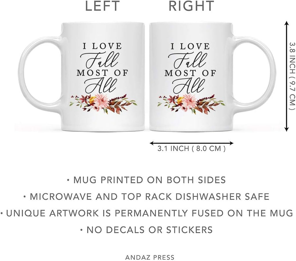 Andaz Press Fall Burgundy Marsala 11oz. Ceramic Coffee Tea Mug, I Love Fall Most Of All, 1-Pack, Floral Leaves Graphic, Friend, Family, Coworker, Autumn Season, Thanksgiving Ideas