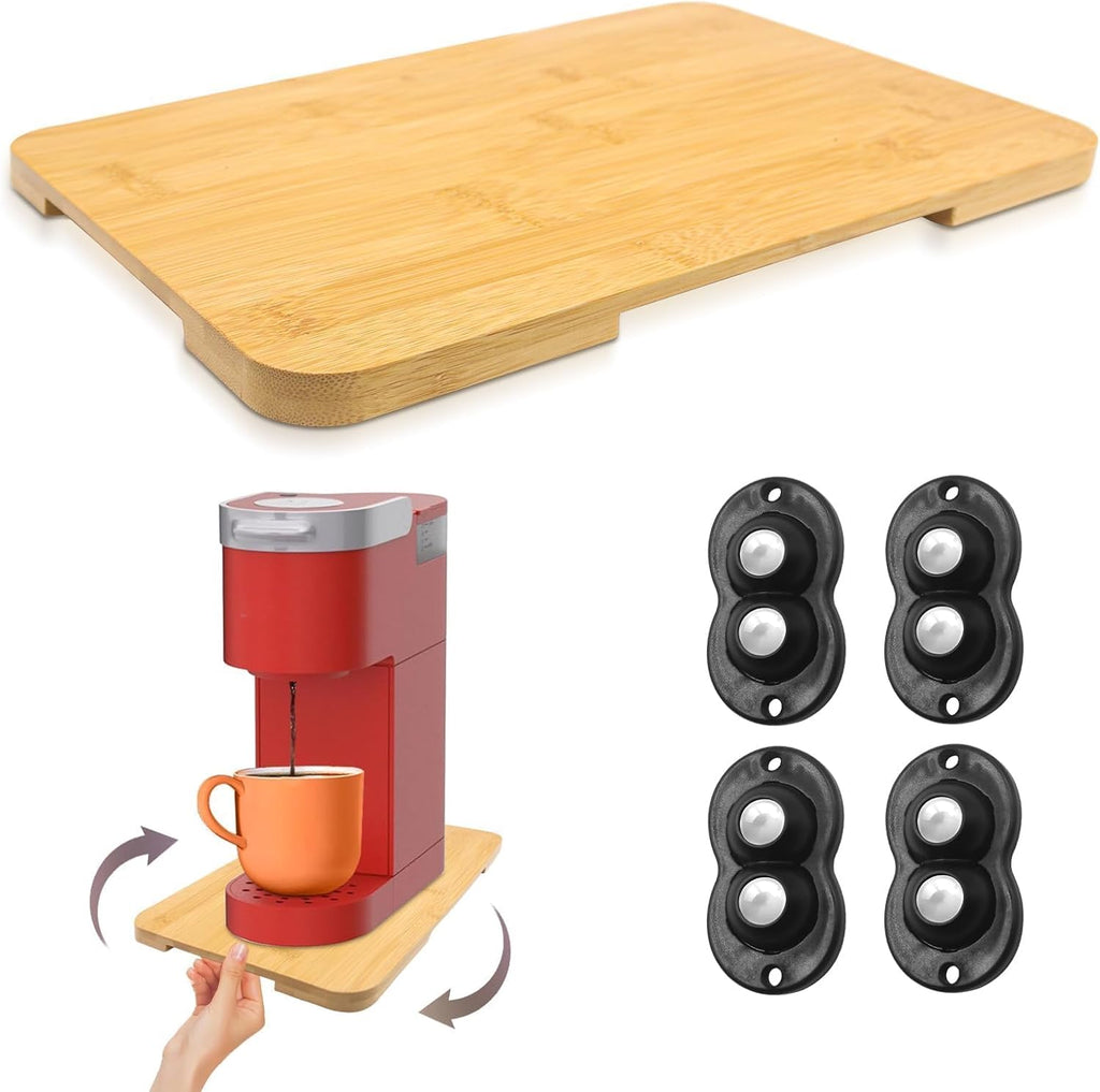 360° Rolling Tray Bamboo Appliance Slider, Appliance Sliders for Kitchen Appliances Sliding Tray for Coffee Maker Appliances Mat Easily from Under The Cabinet Natural(13.9"×9.4")