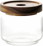 300ML/10Oz Clear Cute Glass Storage Canister Holder with Stackable Airtight Wood Lid, Modern Decorative Small Container Jar for Coffee, Spice, Candy, Salt, Cookie, Condiment, Pepper, Sugar