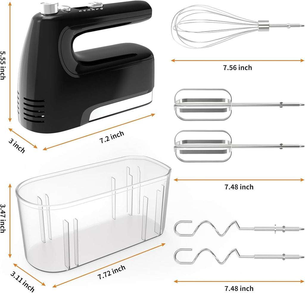 CBQ Hand Mixer Electric, 5-Speed 400W Powerful Motor, Hand Mixer Electric Handheld with Storage Case, Turbo Boost and 5x Accessories, Flat Beaters, Dough Hooks, Whisk (Black)