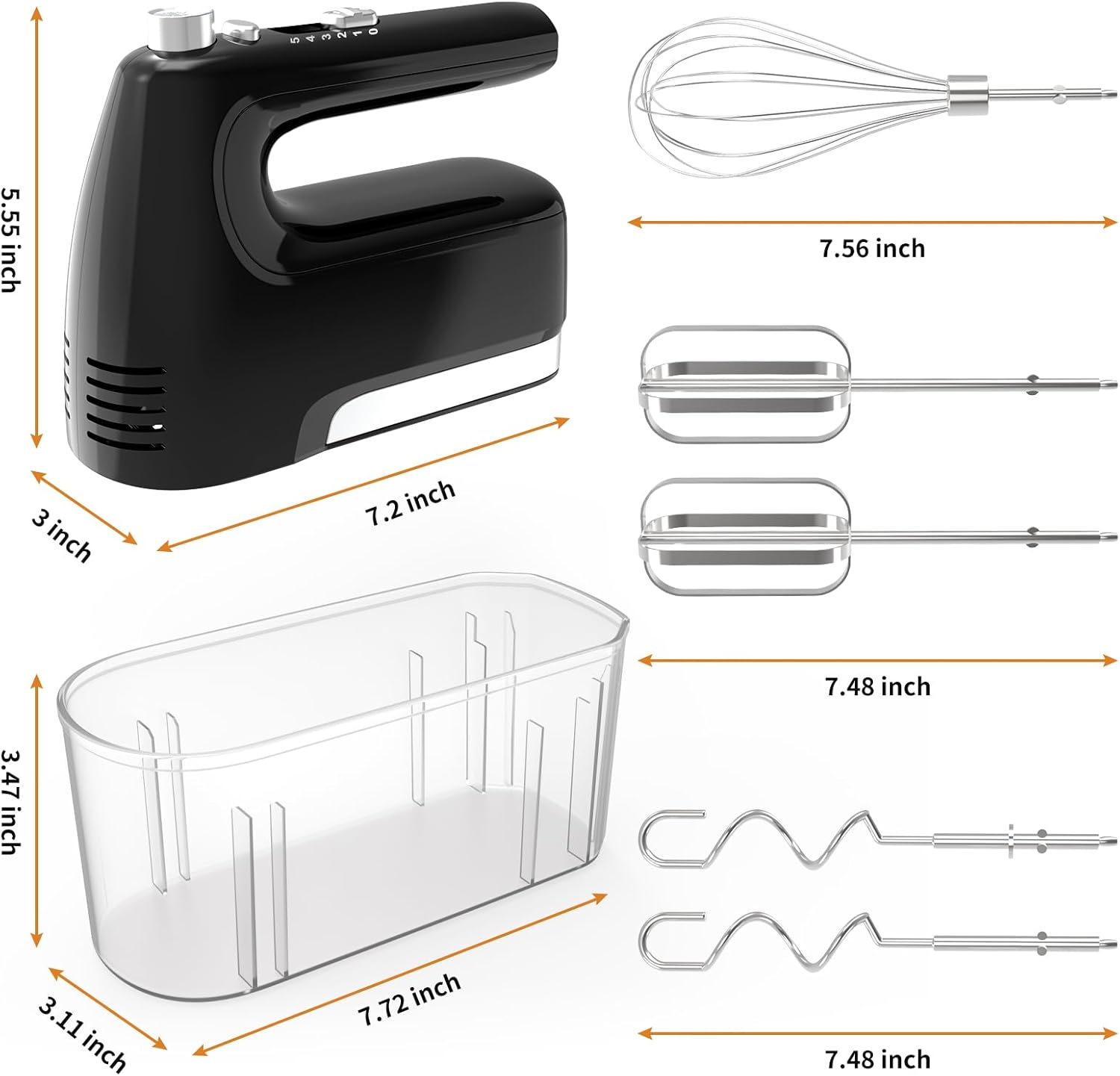 CBQ Hand Mixer Electric, 5-Speed 400W Powerful Motor, Hand Mixer Electric Handheld with Storage Case, Turbo Boost and 5x Accessories, Flat Beaters, Dough Hooks, Whisk (Black)