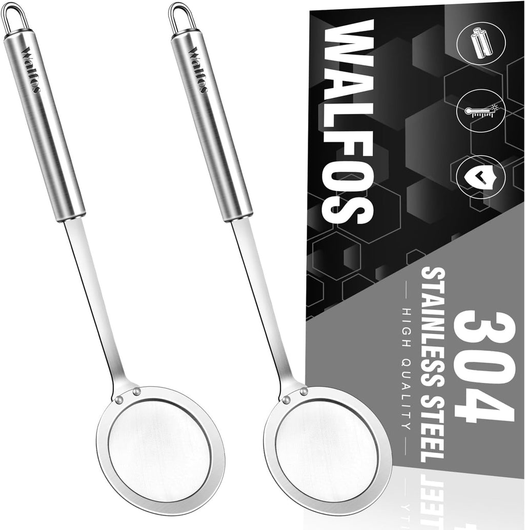 Walfos Skimmer Spoon,304 Stainless Steel Fine Mesh Strainer,Foam Strainer Oil Filter,Ultra Fine Mesh Strainer Perfect For Separation Of The Floating Foam,Fat,Set fo 2