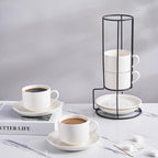 YOLIFE 8oz Porcelain Stackable Cappuccino Cups with Saucers and Metal Stand Set of 4, Coffee cups for Espresso, Specialty Coffee Drinks, Latte, Americano and Tea - White