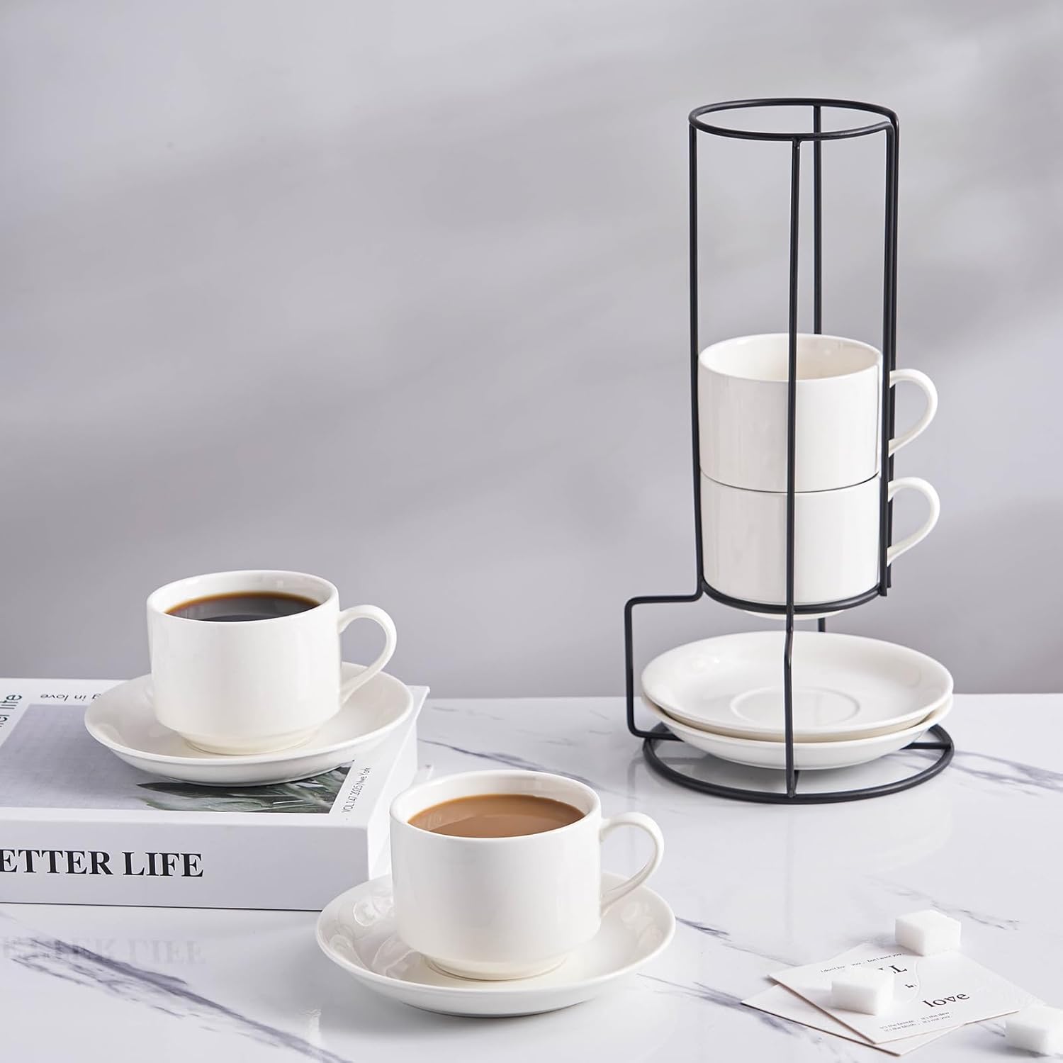 YOLIFE 8oz Porcelain Stackable Cappuccino Cups with Saucers and Metal Stand Set of 4, Coffee cups for Espresso, Specialty Coffee Drinks, Latte, Americano and Tea - White