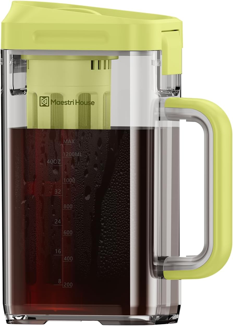 Maestri House Cold Brew Coffee Maker, 40oz Iced Tea and Coffee Maker Brewer Space Saving Tritan Pitcher, 350 Mesh Filter, 100% Leak-Proof
