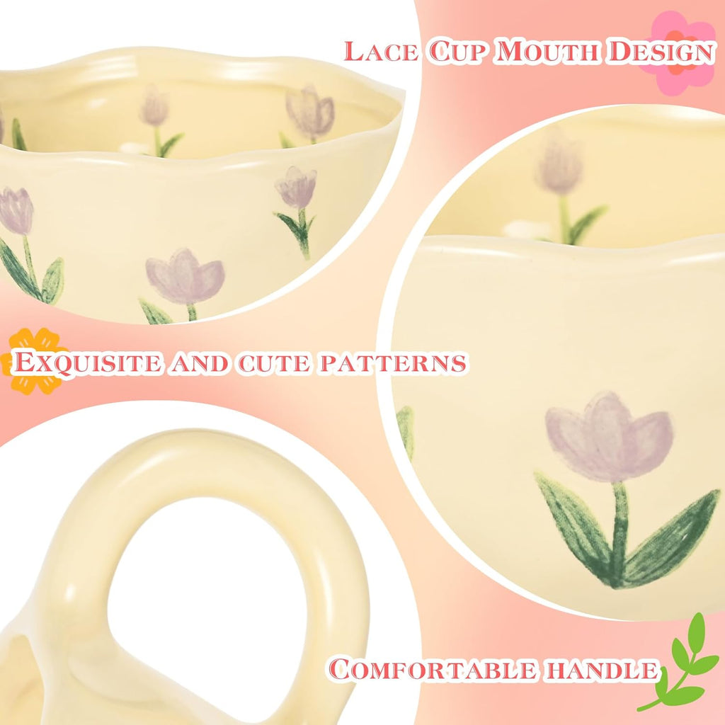 Ceramic Coffee Mug Vintage Flower Mugs 8 oz Cute Floral Coffee Mugs Irregular Latte Art Cup Lead-free Porcelain Cups for Cappuccino, Cocoa (Purple Tulips)