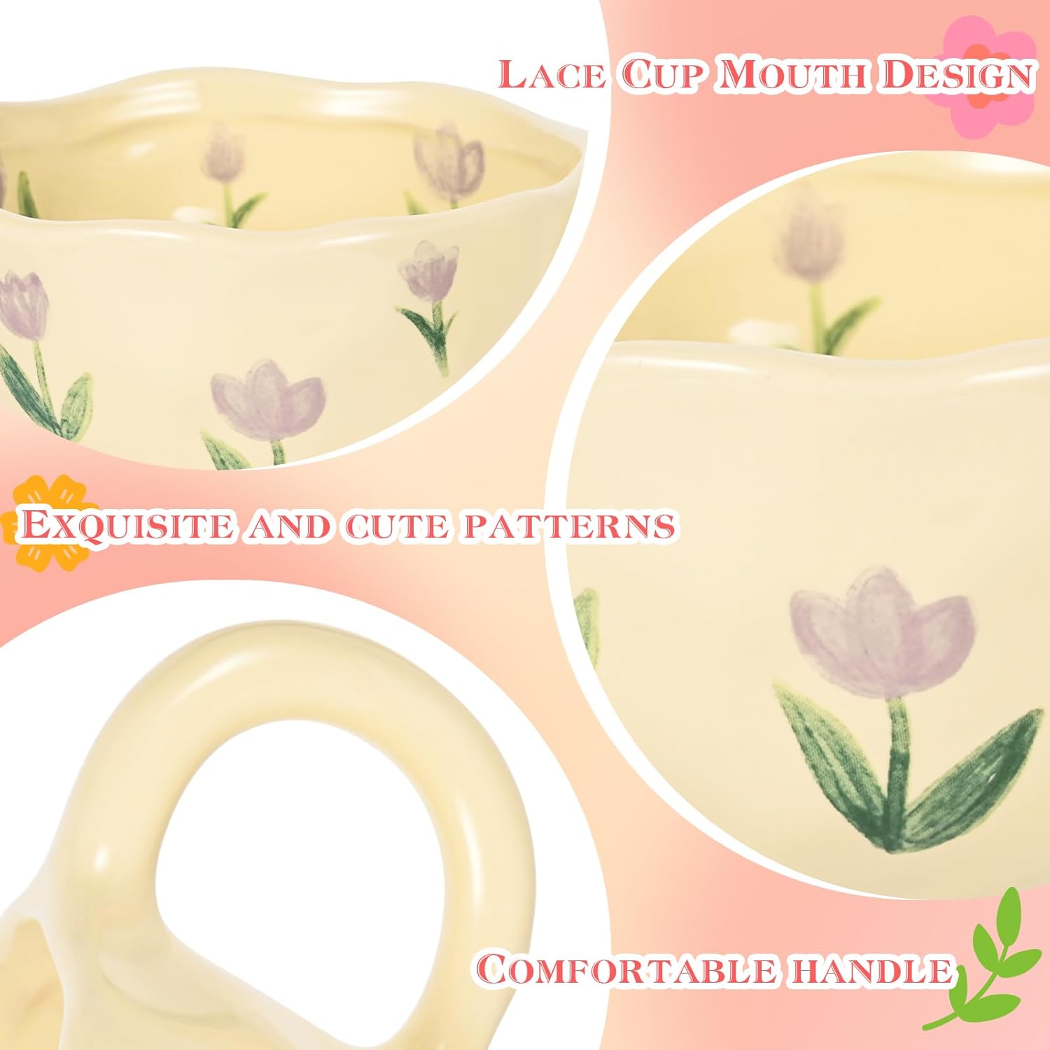 Ceramic Coffee Mug Vintage Flower Mugs 8 oz Cute Floral Coffee Mugs Irregular Latte Art Cup Lead-free Porcelain Cups for Cappuccino, Cocoa (Purple Tulips)