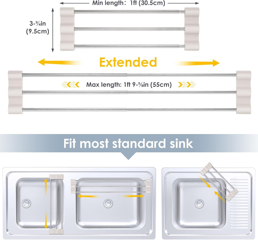 Tomorotec Adjustable Over-The-Sink Kitchen Rack for Dishcloths, Sponges, Bottles and Brushes - Heat-Resistant Stainless Steel with Slim, Expandable Design and Multifunctional Silicone Holder