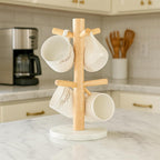 WORHE Mug Holder Marble Base with 6 Hooks Coffee Cup Rack Organizer for Countertop, Round Mugs Stand Hanger for Kitchen Counter Cabinet Bar Accessories and Home Decor White (MH001)
