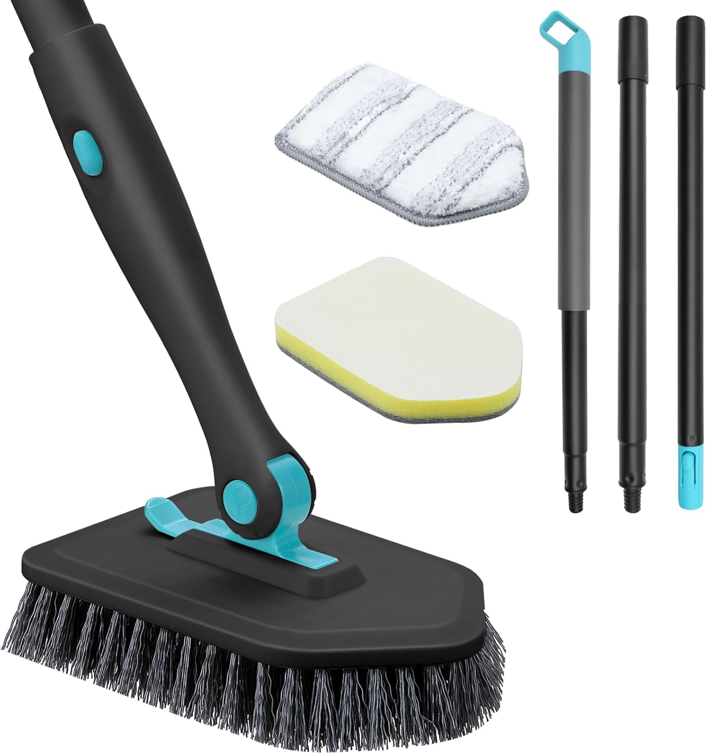 nacena Shower Scrubber with Long Handle, 3 in 1 Tile Tub Scrubber Brush with 3 Detachable Cleaning Heads Adjustable Handle Shower Cleaner Brush for Bathroom, Kitchen, Toilet, Wall, Sink, Black