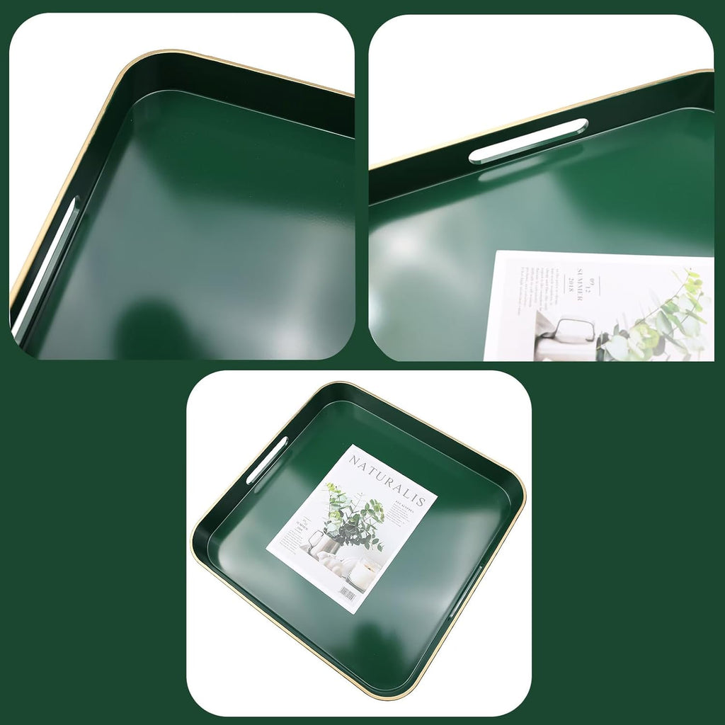 Green Square Decorative Tray with Handles, 13"*13" Versatile Serving Tray for Coffee Table, Ottoman, Ideal for Serving, Displaying, Organizing