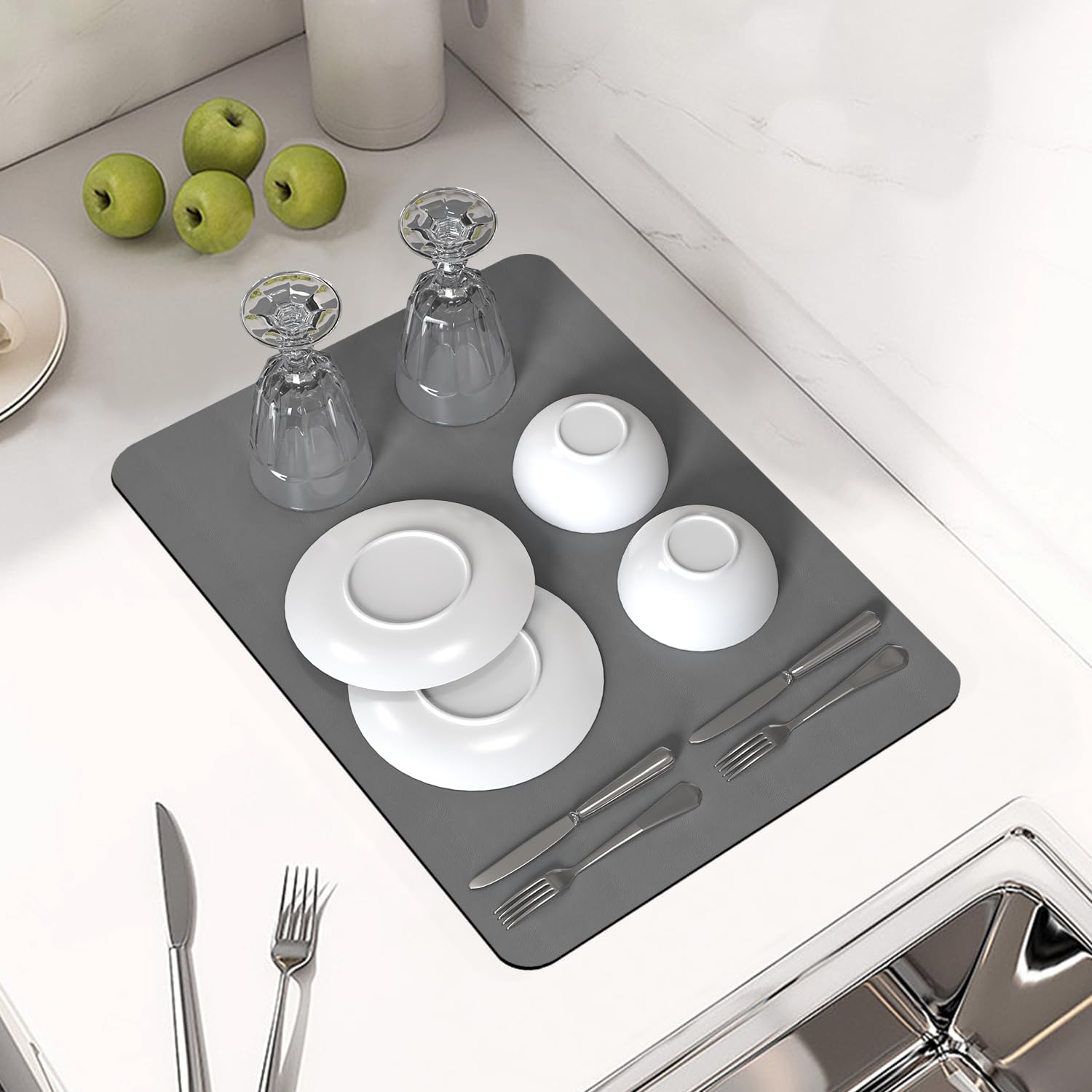 PoYang 17"x12" Coffee Mat Small, Coffee Bar Accessories for Countertop, Absorbent Dish Drying Mat, Anti-Slip and Hide Stain Pad for Espresso Machine, Espresso Maker and Kitchen Counter, Gray