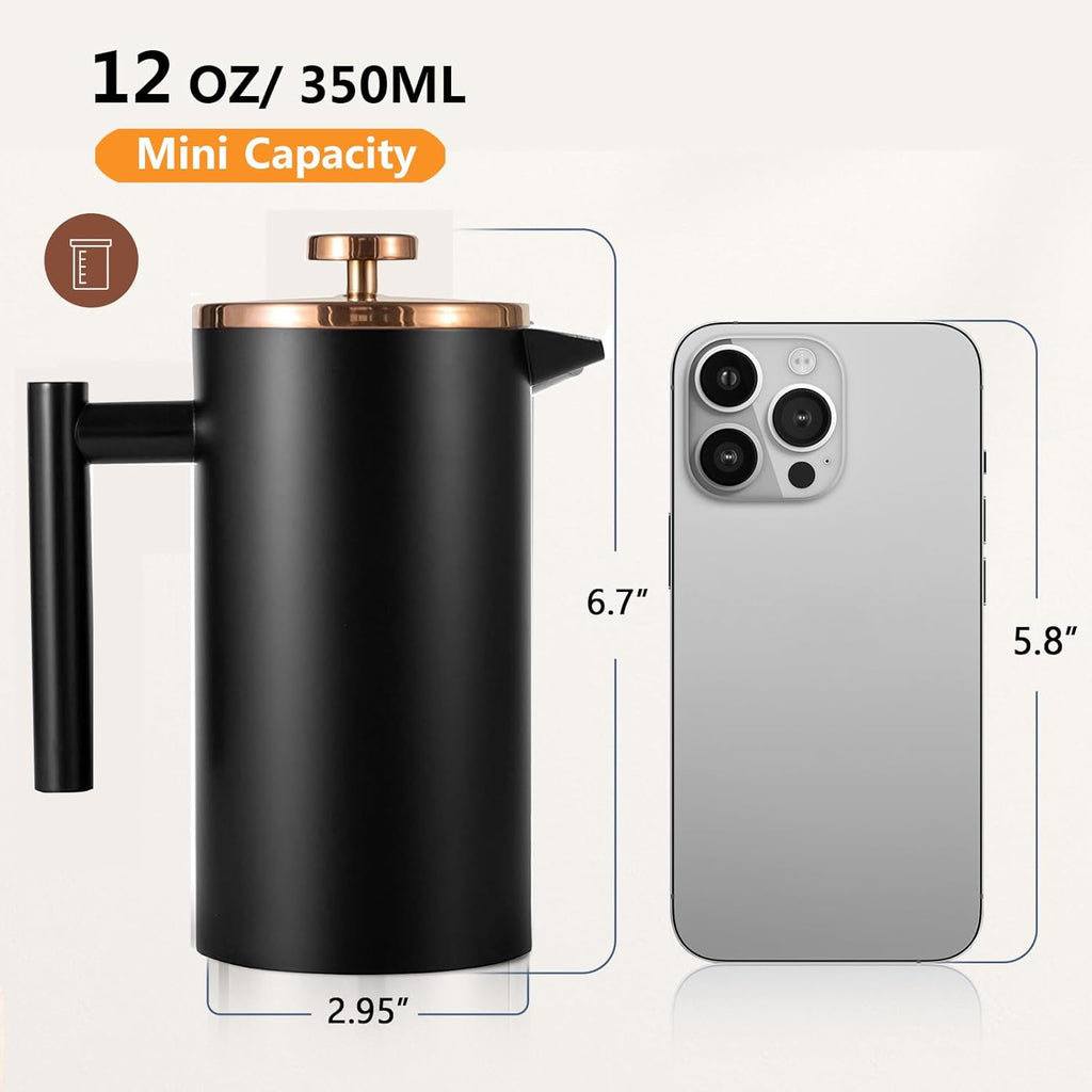 Small French Press 350ml Black, Double-Wall Insulated French Press Coffee Press Stainless Steel for travel camping, Single Cup Pour Over Coffee Maker Black(1 cup, 12 OZ)