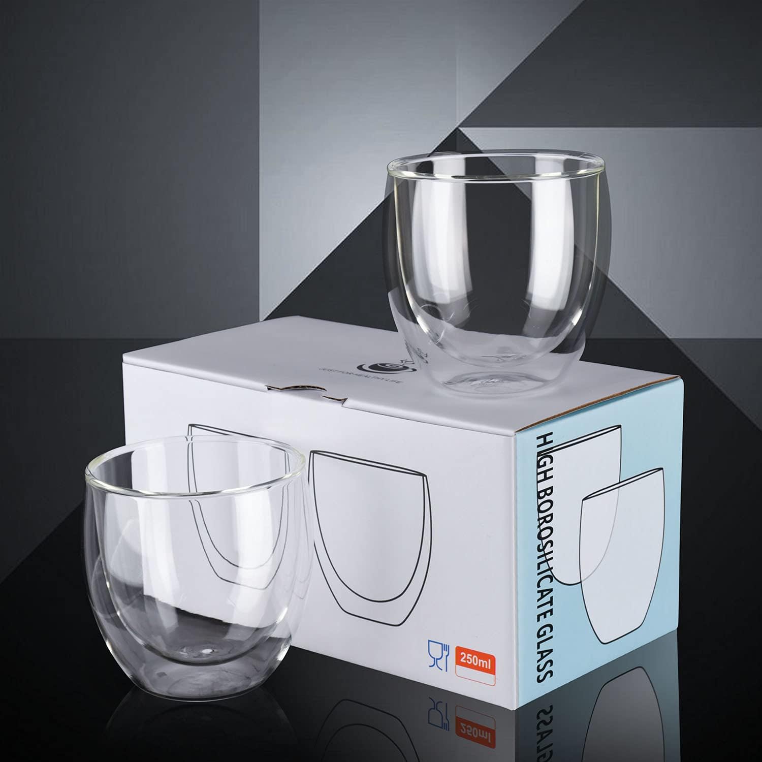 8oz Glass Coffee Mugs Set of 2, Double Walled Espresso Cups for Latte Cappuccino Cocoa Milk Cafe Juice, Clear Glass Tea Cup Set Glassware Gift for Christmas Birthday