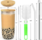 4-Pack 24oz Glass Cups with Lids and Straws - Wide Mouth Mason Jars, 12 Lids (Bamboo/Plastic) & 8 Straws - Reusable Tumblers for Smoothies, Iced Coffee