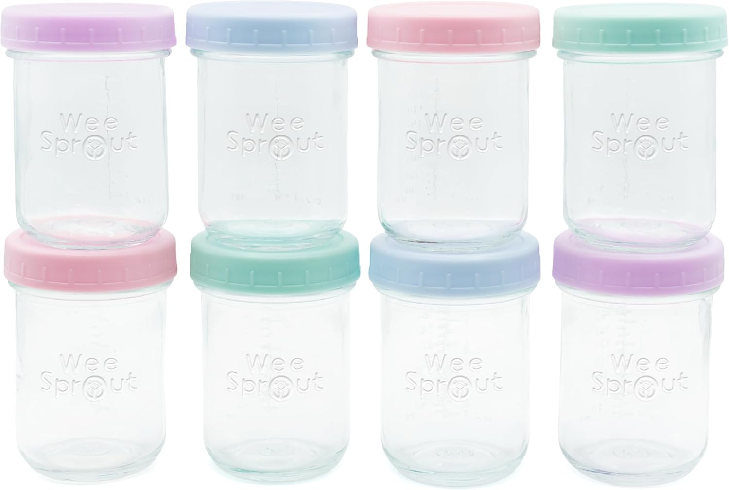 WeeSprout Baby Food Storage Glass Jars w/Lids (8 oz, 8 Pack) Pastel Variety, Snack, Reusable Small Containers, Fridge or Freezer, Microwave & Dishwasher Safe, Essentials for Infants