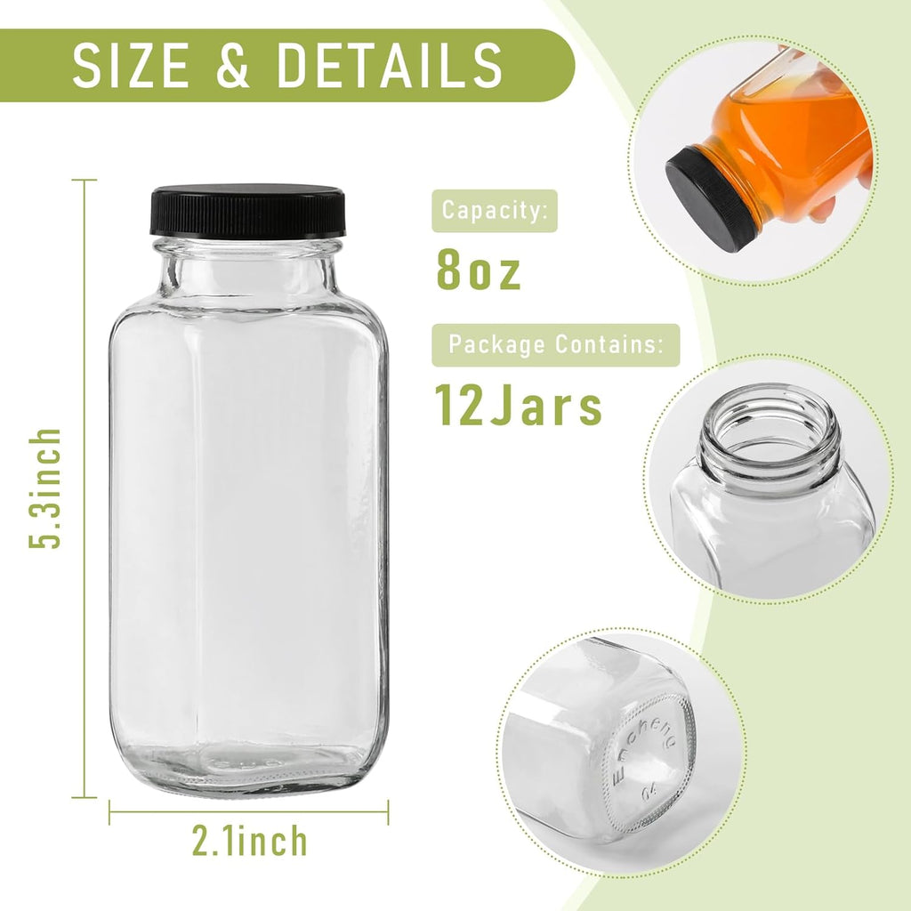 8 oz Glass Juice Bottles with Lids 12 Pack,Reusable Water Bottle,Juicing Bottles for Smoothies, Milk, Storage, Small and portable
