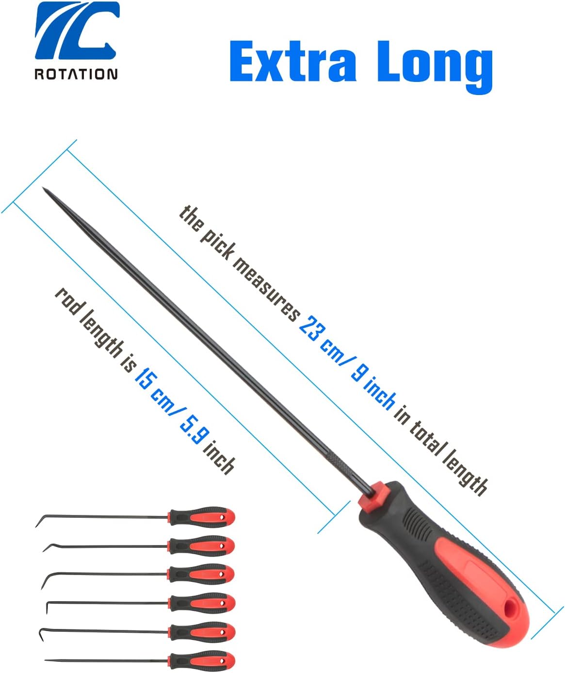 ROTATION Extra Long Precision Hook and Pick Set, 6-Piece Set, Chrome Vanadium Steel Shaft, for Remove Hoses and Gaskets, Auto and Electronics Maintenance Tools