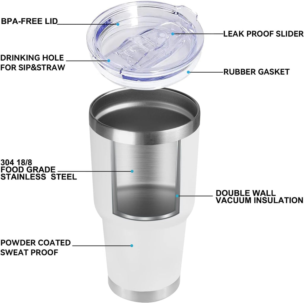 DOMICARE 30 oz Tumbler with Lid and Straw, Stainless Steel Tumblers Bulk, Insulated Vacuum Double Wall Travel Coffee Mug, Durable Powder Coated Tumbler Cup (White, 1)