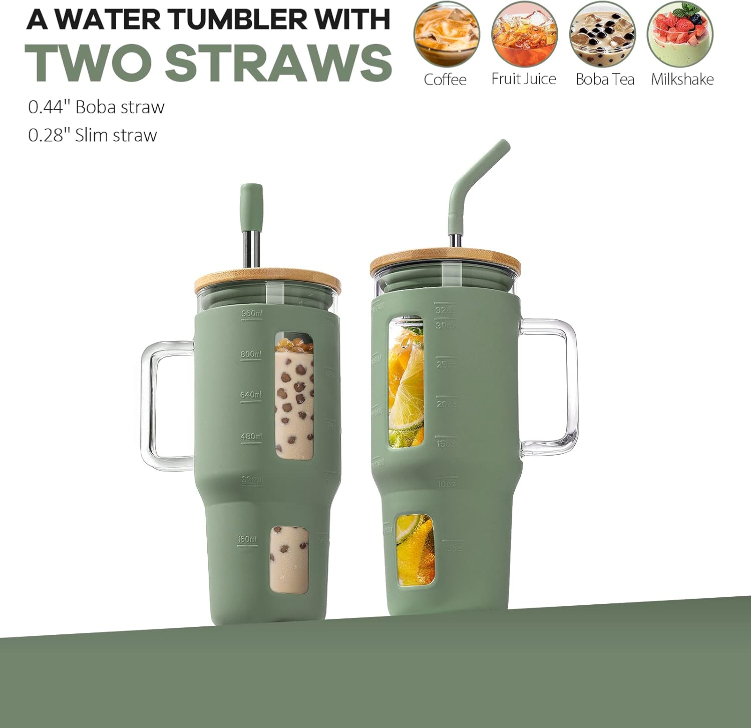 Kodrine Glass Tumbler with Straw and Lid-32oz Glass Tumbler with Handle and Bamboo Lid, Iced Coffee Cup For Smoothie, Water Cups with Time Marker Fits in Cup Holder, Olive