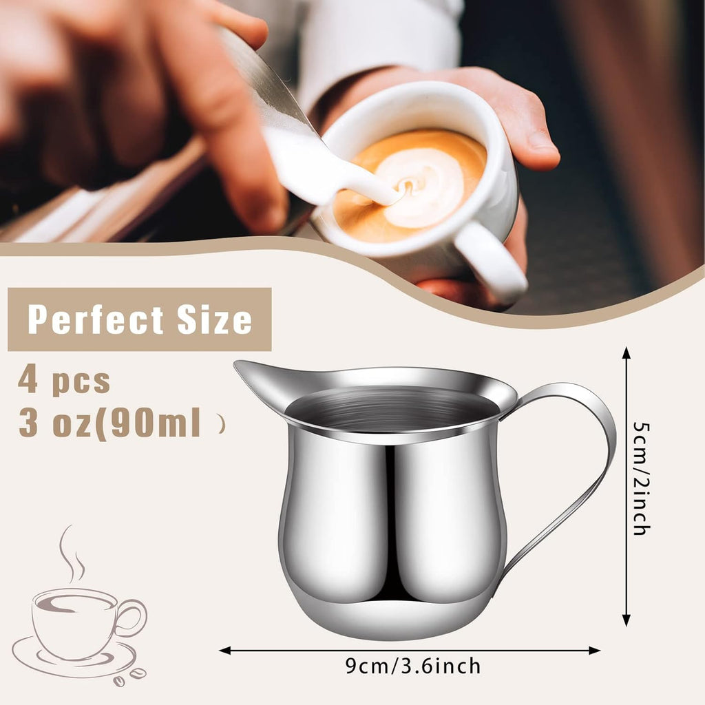 Honeydak 4 Pcs Creamer Frothing Pitcher Bell Container 3 oz Espresso Pouring Cup Mini Stainless Steel Creamer Pourer Mirror Finish Pitcher for Coffee Barista Cappuccino Shop Restaurant Bakery Kitchen