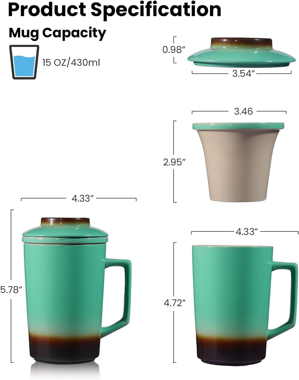 15 OZ Porcelain Tea Infuser Cup with Lid,Ceramic Tea Mug with All-Porcelain Strainers for Loose Leaf Teas,Microwave and Dishwasher Safe Coffee Mug,Metal-Free,BPA-Free,Gifts for Tea-Lover (Green)