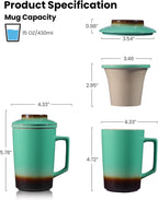 15 OZ Porcelain Tea Infuser Cup with Lid,Ceramic Tea Mug with All-Porcelain Strainers for Loose Leaf Teas,Microwave and Dishwasher Safe Coffee Mug,Metal-Free,BPA-Free,Gifts for Tea-Lover (Green)