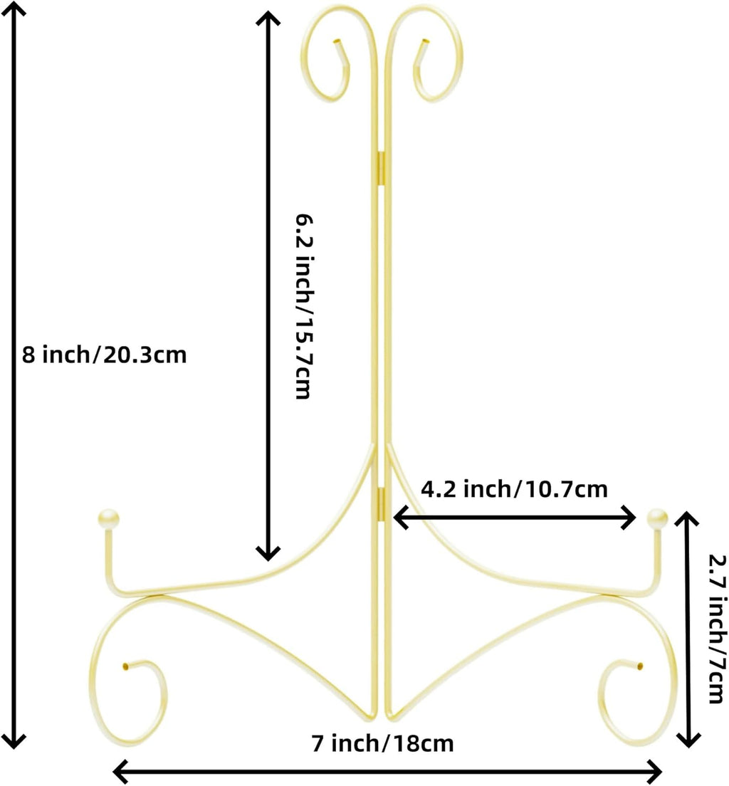 Plate Display Stands with Hinged Folding Design, 8 Inch Picture Frame Stand for Tables, Decorative Easels for Plates, Photos, Cards and Books, 8’’ Gold, 2-Pack