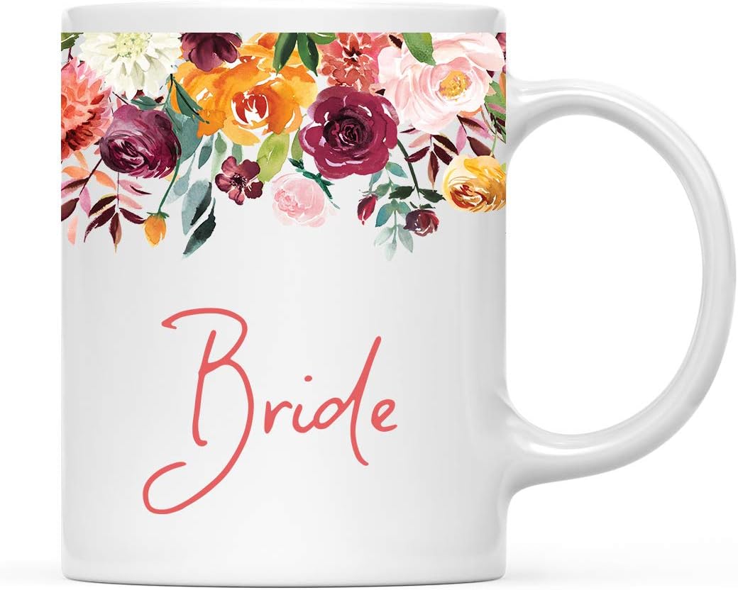 Andaz Press 11oz. Wedding Ceramic Coffee Tea Mug Gift, Fall Autumn Burgundy Orange Peach Flowers Roses Florals, Bride, 1-Pack, Includes Gift Box