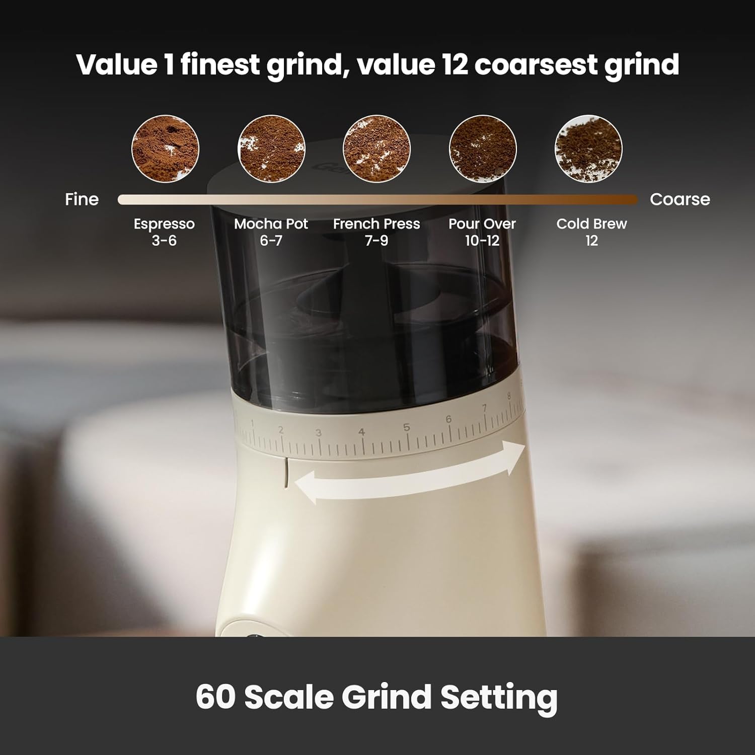 Gemilai Electric Conical Burr Coffee Grinder, Coffee Bean Grinder with Smart 60S Timer, 60 Precise Adjustable Grind Settings for Espresso, 2-12 Cup, Easy to Clean, Durable & Quiet, G9010B White