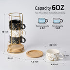 LUKA Porcelain Espresso Cup with Metal Stand, 6 Ounce Stackable Ceramic Demitasse Espresso Mugs Cappuccino Cups Set for Latte,Coffee,Cafe Mocha,Tea(Set of 4)