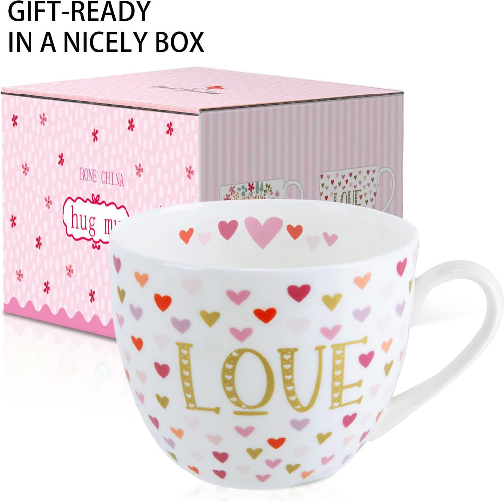 LOVE Mug with Hearts for Daily Coffee and Tea, Premium 20 oz Bone China Coffee Tea Hug Mug, Perfect Holiday, Valentine’s, and Birthday Gift for Loved Ones, Designed in England by Harvest Green Studio