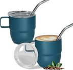 4oz Stackable Cup, Vacuum Insulated Espresso Cup Set of 2, Espresso Shot Mug for Coffee, Double Wall Stainless Steel Mini Tumbler Shot Glasses with Straw and Lid (B-blue2P, 4oz)