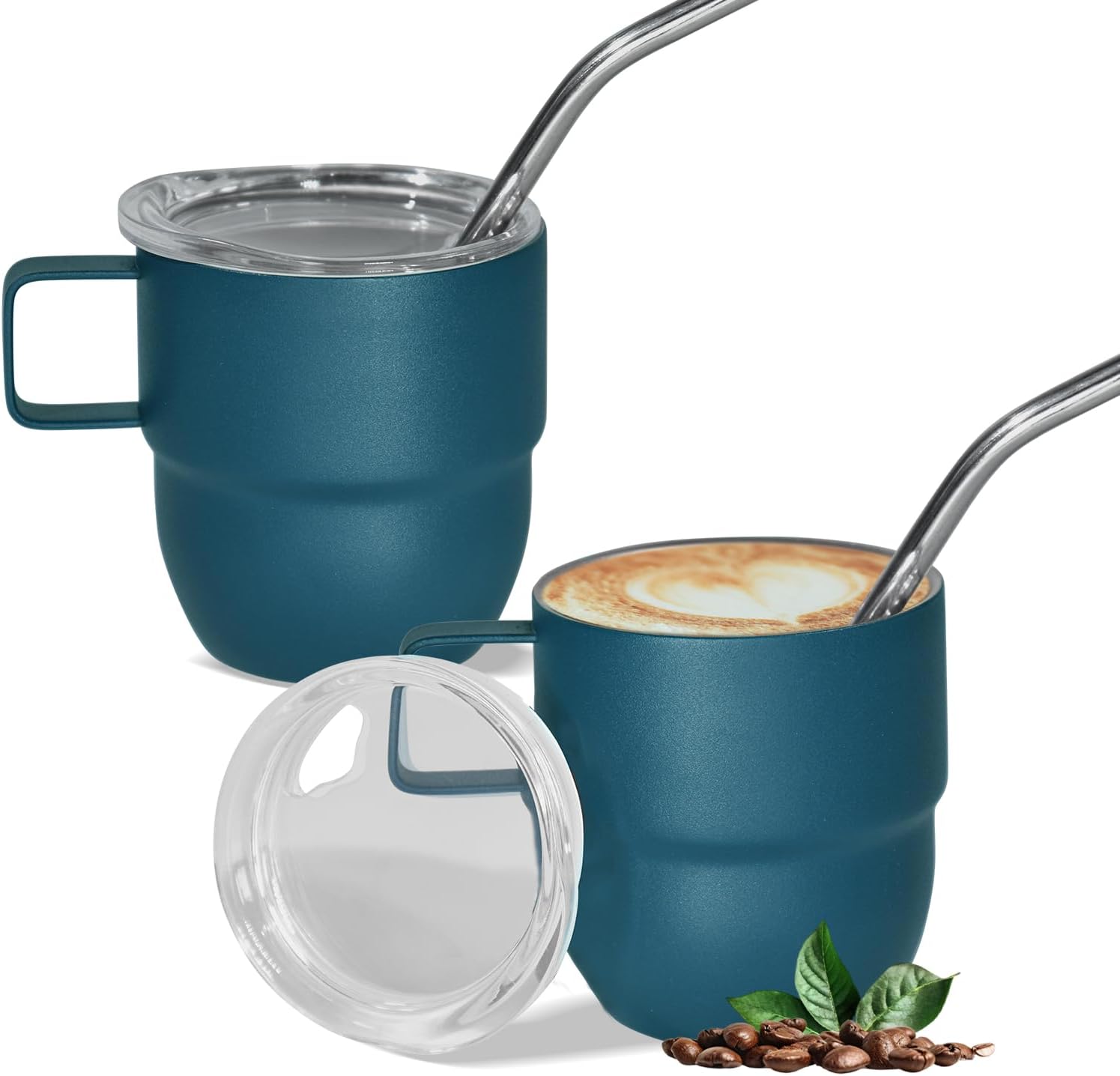 4oz Stackable Cup, Vacuum Insulated Espresso Cup Set of 2, Espresso Shot Mug for Coffee, Double Wall Stainless Steel Mini Tumbler Shot Glasses with Straw and Lid (B-blue2P, 4oz)