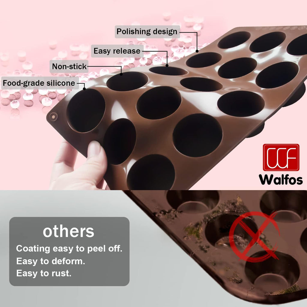 Silicone Fat Bomb Molds, Walfos Silicone Candy Mold, 15 Cavity Round Mold -Perfect for Keto Fat Bomb, Jelly, Dark Chocolate, Mini Peanut Butter Cup, 2 Packs