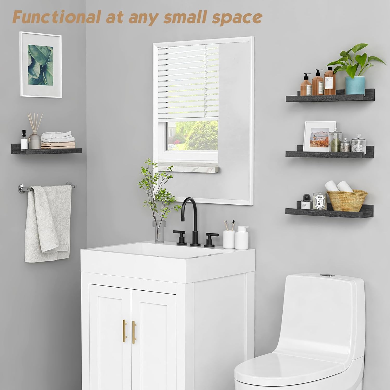 Forbena Black Picture Ledge Shelf, Floating Shelves with Lip for Wall, Small Wall Shelves for Bathroom Bedroom Kitchen Office Living Room Books, Art Pictures, Photo Frame, Plants (4-Pack, Real Wood)