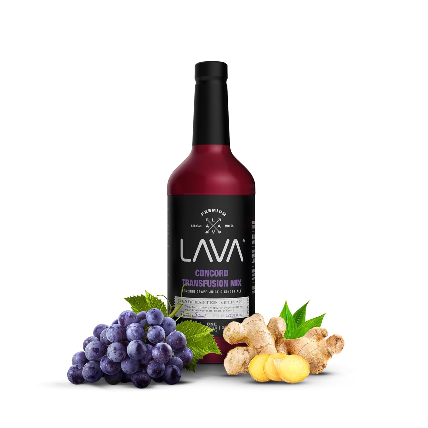 (3 Pack) LAVA Premium Concord Transfusion Mix made with concord grape juice, real ginger, ginger ale, no artificial sweeteners, 1-Liter (33.8oz) Glass Bottle, Ready to Use.