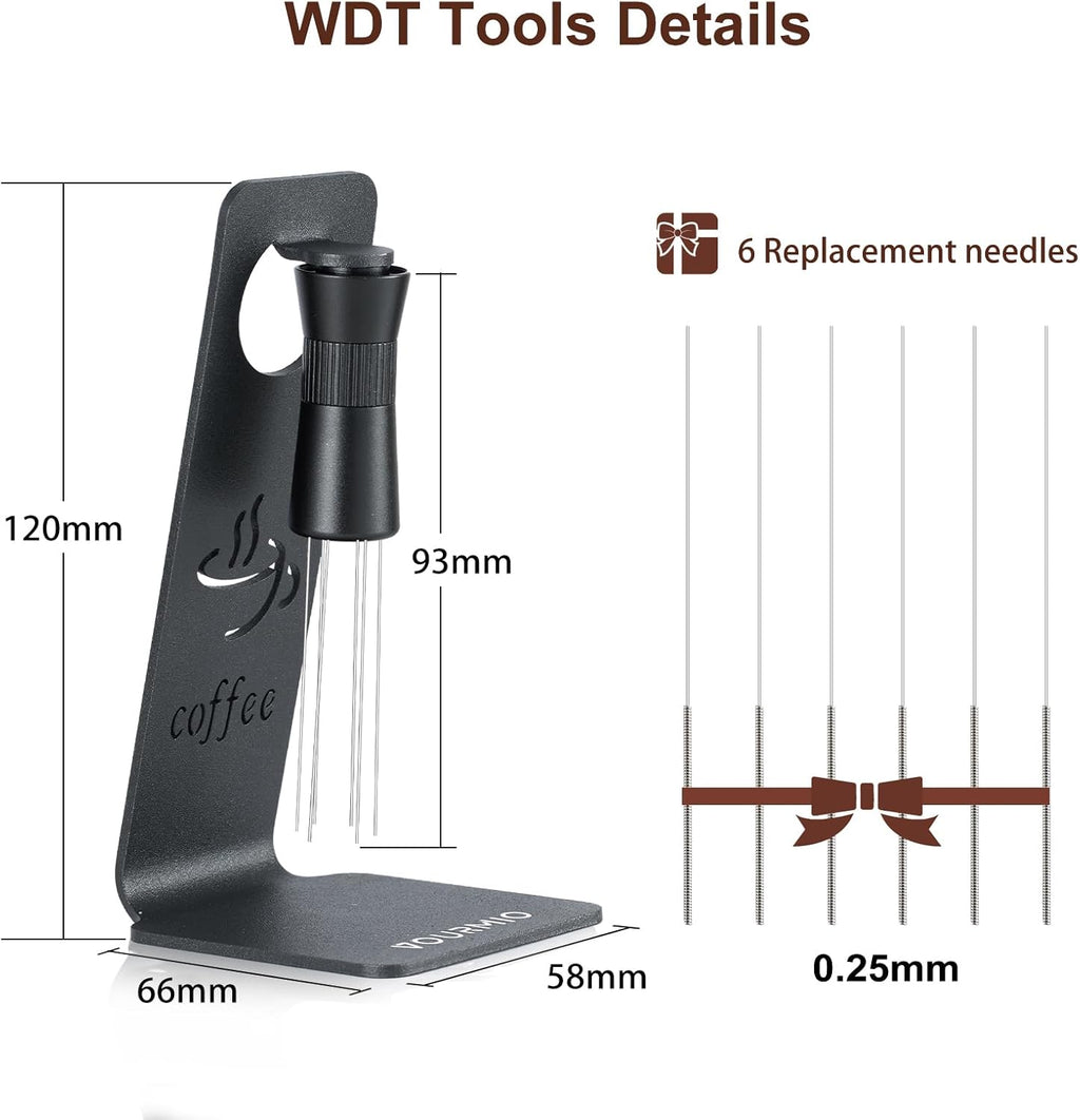 WDT Tool - Coffee Distribution Tool with Magnetic Stand, Adjustable Range Espresso Stirrer, 304 Stainless Steel 6 Needles 0.4mm and 6 Extra Needles 0.25mm