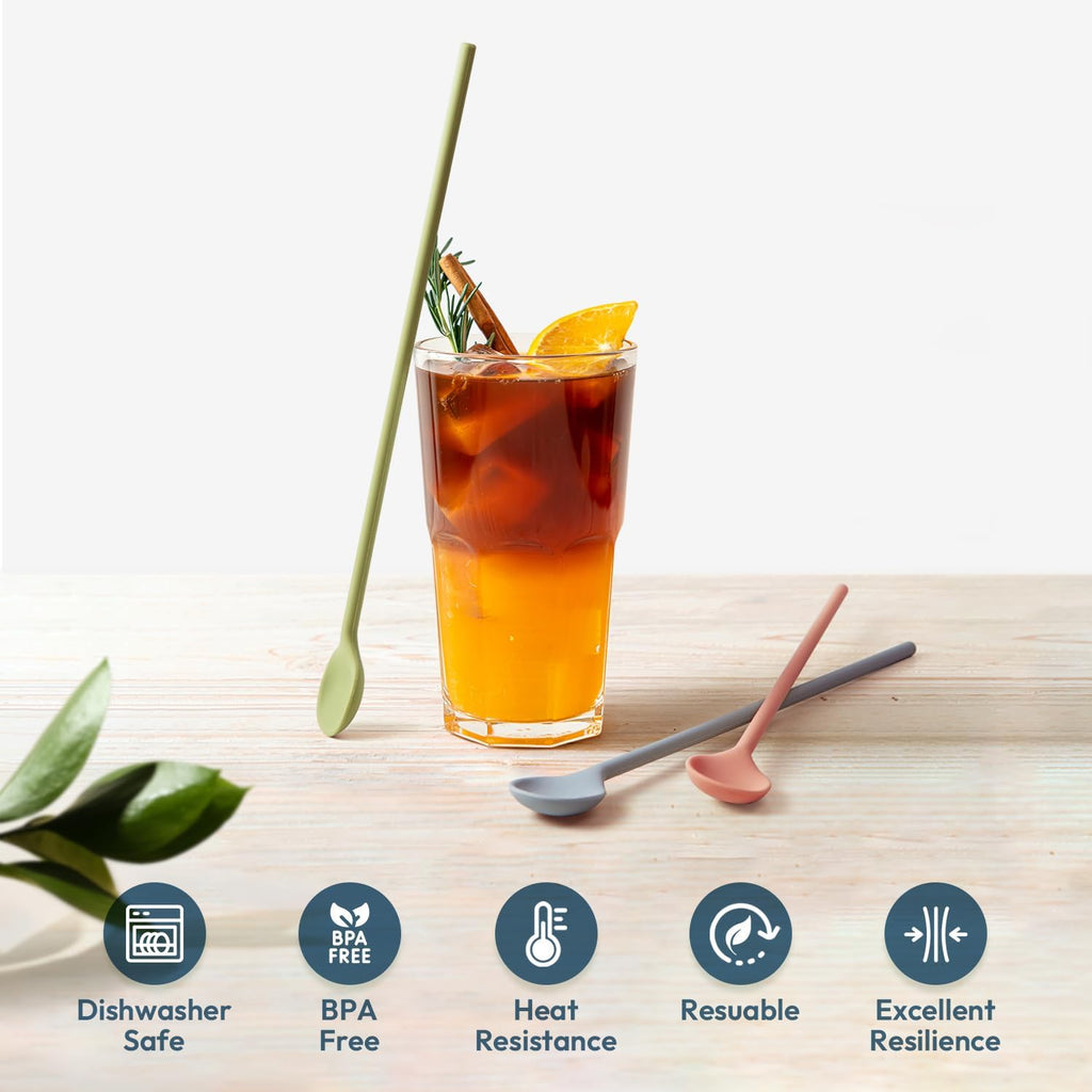 carrotez 9.9" Silicone coffee stirrer, Long Reusable Coffee Spoon for Iced Tea, Multipurpose Beverage Stirring Spoon - Coral Pink